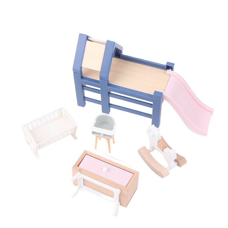 1/12 Dollhouse Baby Bedroom Furniture Accessories Slide/Trojan Horse/Table/ Dining Chair/Bed For Kids Pretend Play Toy