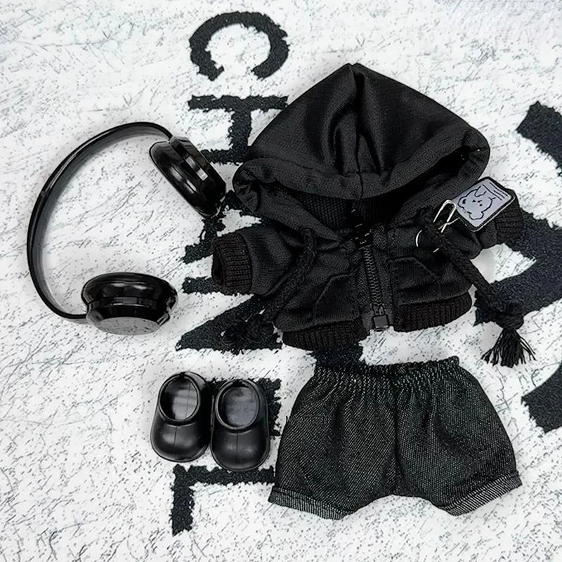 15/17cm Labubu Doll Clothes 1st/2nd/3rd Gen Fit Mr. Black Bear Hoodie Set with Headphone Plush Toy Outfits Halloween Decor