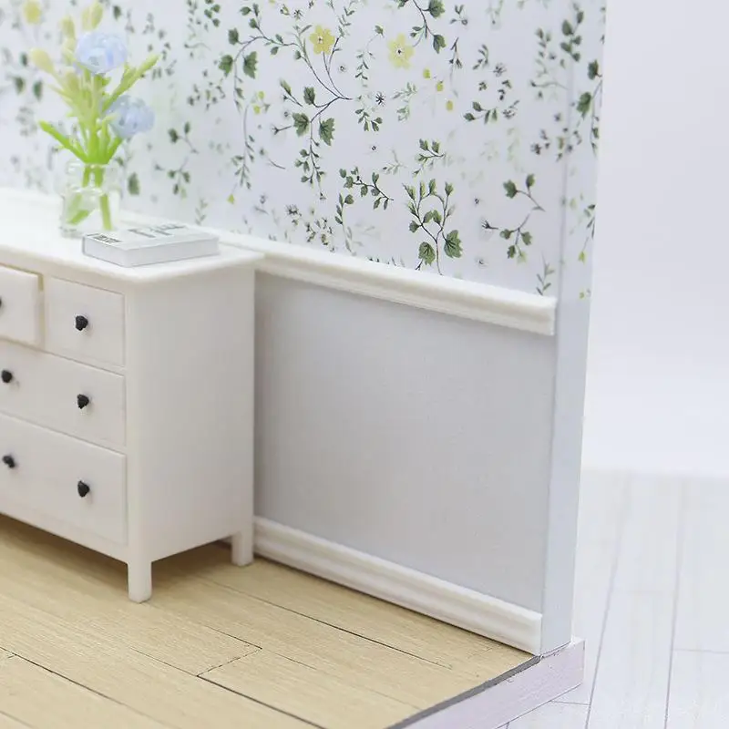 2PCS 1:12 Dollhouse Miniature Miniature Skirting Line Wall Panel Waist Lines White Baseboard Top Line Bathroom Living Room Decor