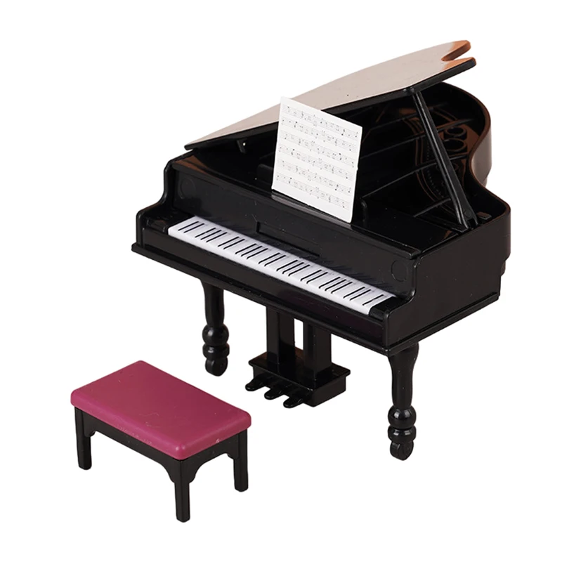 1:12 Dollhouse Miniature Furniture Playset, Piano with Bench Instrument Model, Living Room Décor Doll's House Accessories