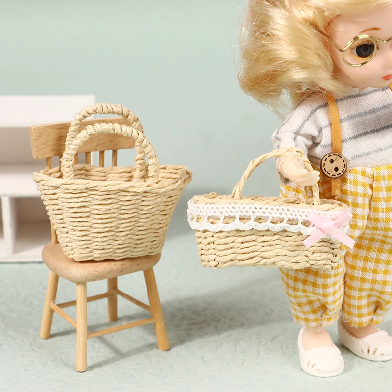 1Pcs Mini 1/12 Cute Dollhouse Rattan Frame Hand-woven Vegetable Food Storage Basket Dolls Miniature Decoration