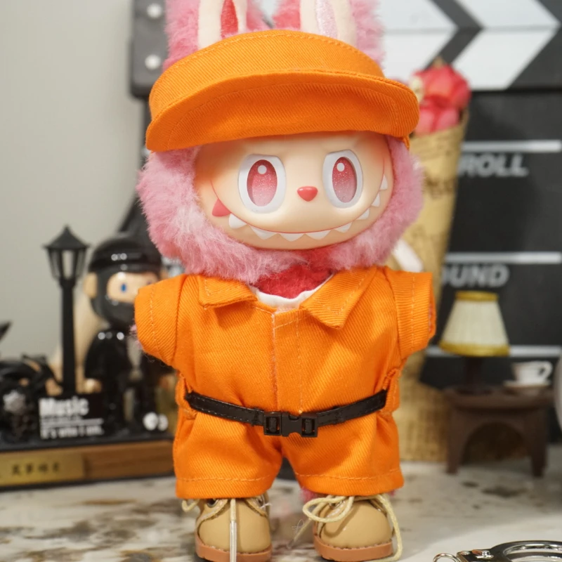 Labubu Clothes Halloween Prison Costume Orange Jumpsuit Mask Handcuffs Vinyl Figure Hanging Keychain Trendy Changeable Outfit