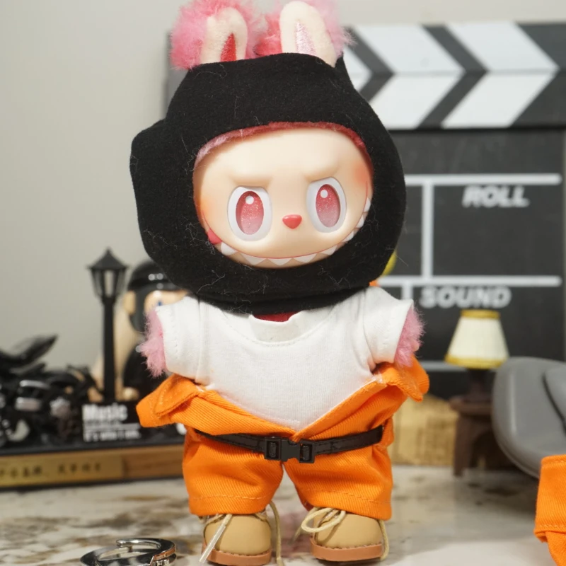 Labubu Clothes Halloween Prison Costume Orange Jumpsuit Mask Handcuffs Vinyl Figure Hanging Keychain Trendy Changeable Outfit