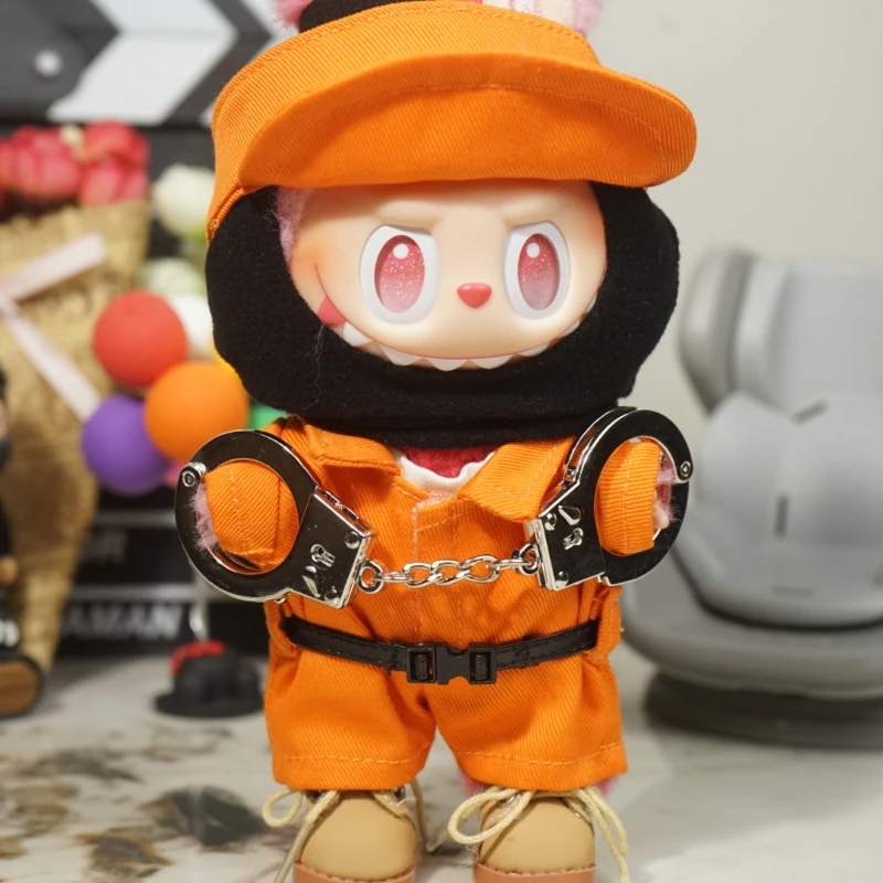 Labubu Clothes Halloween Prison Costume Orange Jumpsuit Mask Handcuffs Vinyl Figure Hanging Keychain Trendy Changeable Outfit