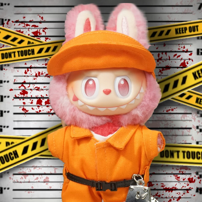 Labubu Clothes Halloween Prison Costume Orange Jumpsuit Mask Handcuffs Vinyl Figure Hanging Keychain Trendy Changeable Outfit