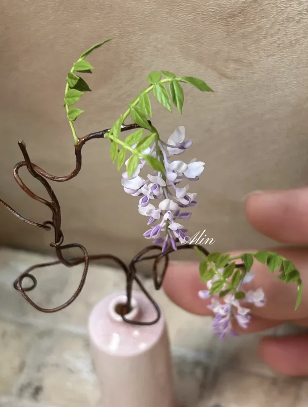 Handmade Clay Vine Plants Collection: Wisteria, Ivy & Rose Vine Miniatures with Lotus & Chrysanthemum for 1:6 Dollhouse Garden