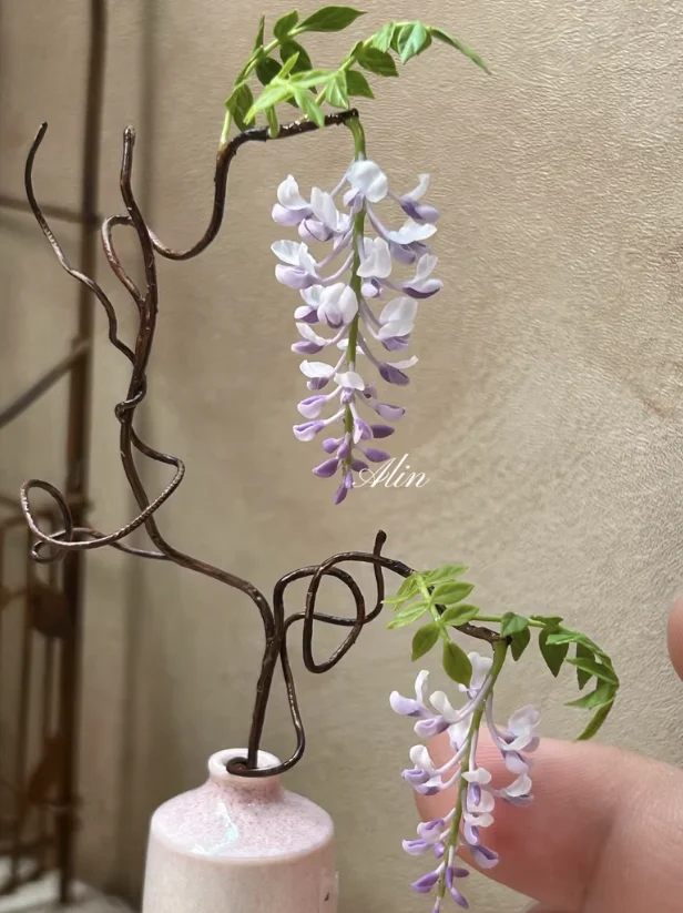 Handmade Clay Vine Plants Collection: Wisteria, Ivy & Rose Vine Miniatures with Lotus & Chrysanthemum for 1:6 Dollhouse Garden