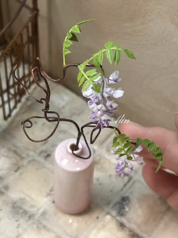 Handmade Clay Vine Plants Collection: Wisteria, Ivy & Rose Vine Miniatures with Lotus & Chrysanthemum for 1:6 Dollhouse Garden