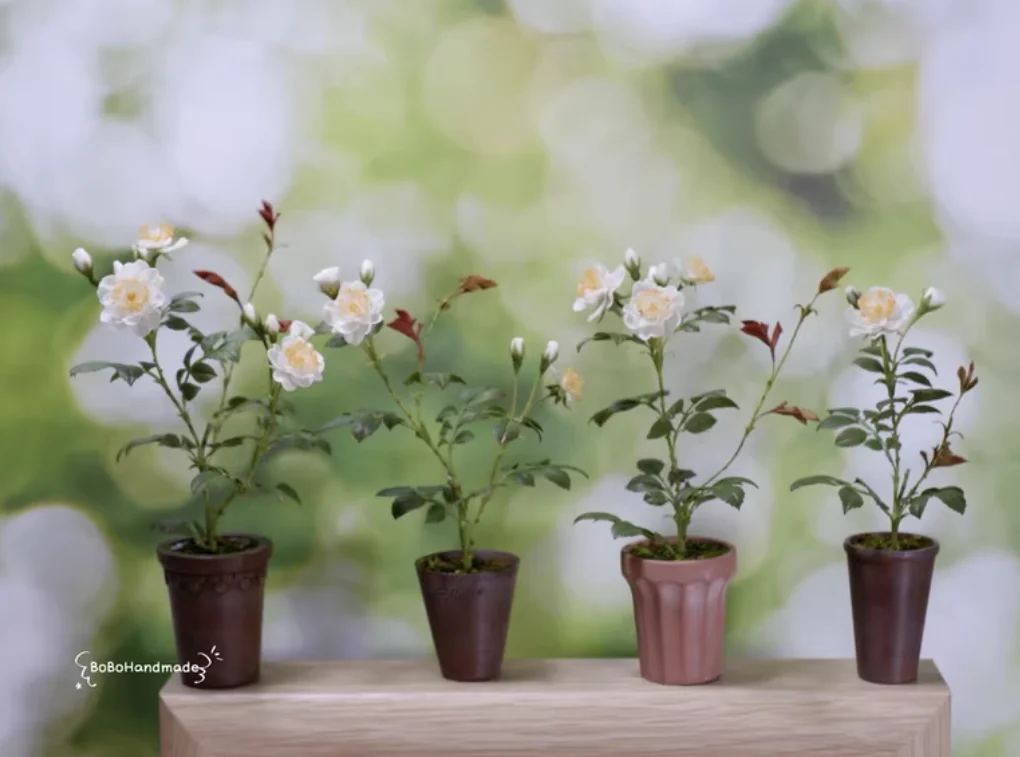 Handmade Clay Vine Plants Collection: Wisteria, Ivy & Rose Vine Miniatures with Lotus & Chrysanthemum for 1:6 Dollhouse Garden