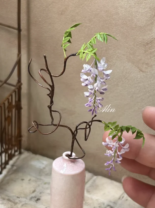 Handmade Clay Vine Plants Collection: Wisteria, Ivy & Rose Vine Miniatures with Lotus & Chrysanthemum for 1:6 Dollhouse Garden