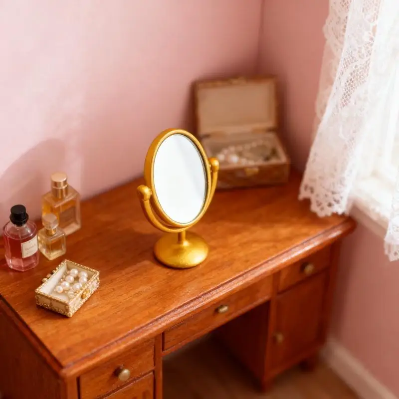 1Pcs Miniature Retro Mirror Dressing Table Scene Model 1:12 Scale Dollhouse Ornament Vintage Bathroom Furniture Doll Accessories
