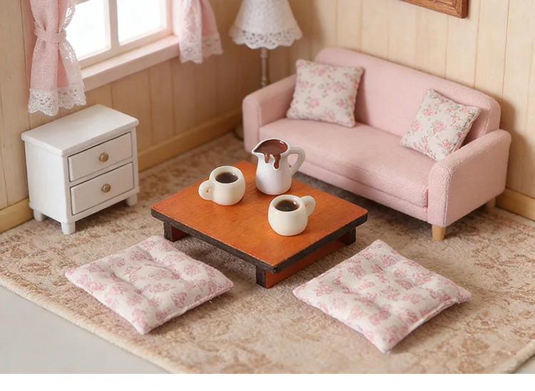 1:12 Miniature Dollhouse Living RoomSet,Tiny LowTable & Floral Cushions, Japanese Tatami Style Diorama Props for Pretend Play