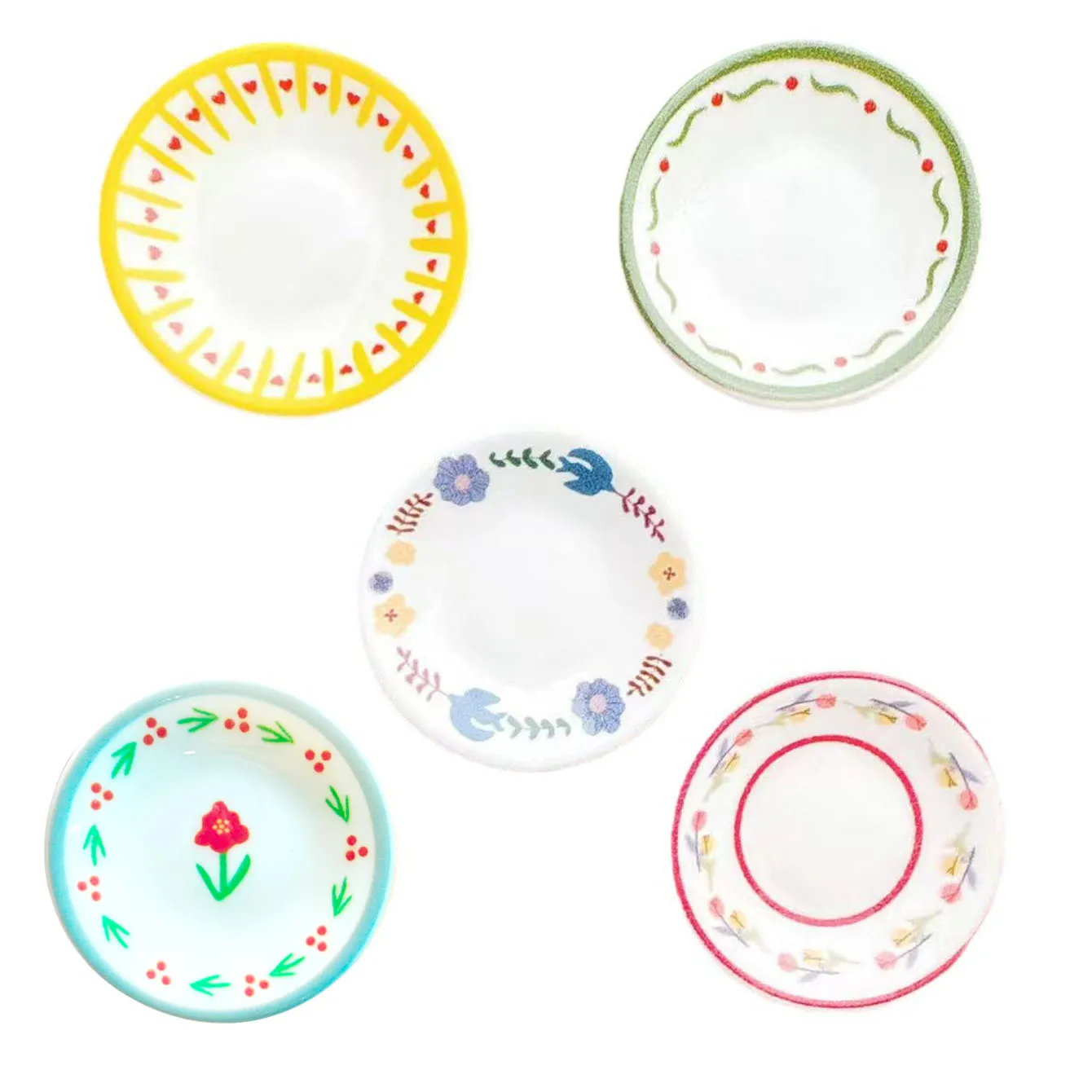 5pcs Dollhouse Miniature Kitchen Plates: Cute Pastoral Style Mini Simulation Tableware, Dining Table Decor Model (without food)