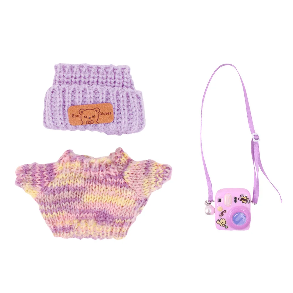 For Labubu Doll Headband+Sweater+Camera Warm Cute Outfit Accessories For 17CM Plush Doll Clothes,Festival Birthday Gift Girl Toy