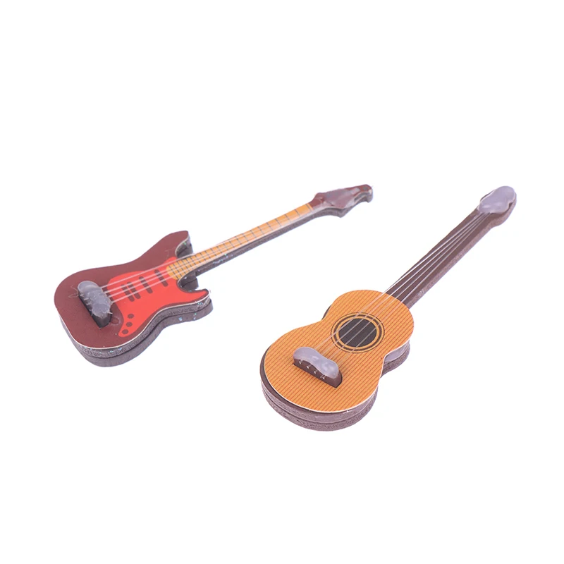 1/6 Dollhouse Miniature Wooden Electric Guitar With Stand Model Instrument Toy