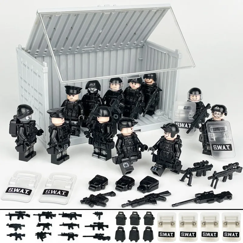 12 hot suits swat figurine puzzle small particles assembled building blocks toy anti-terrorism container DIY accessories