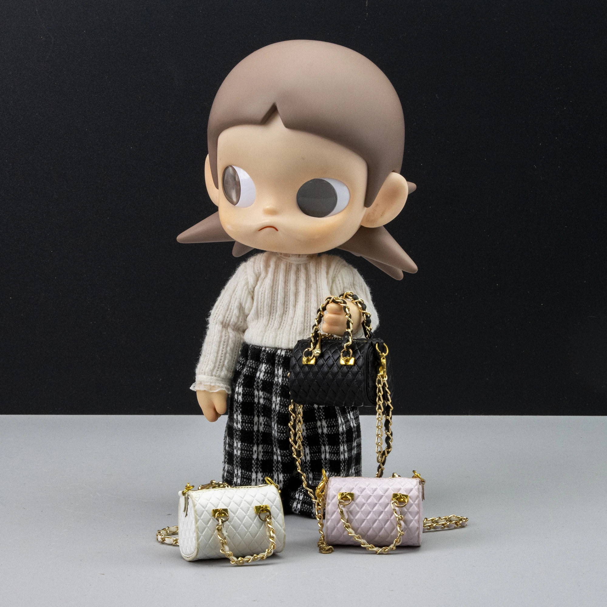 Cute Delicate Solid-Color Square Handbag for Dolls with Gold Chain Decoration Mini Leather Bag