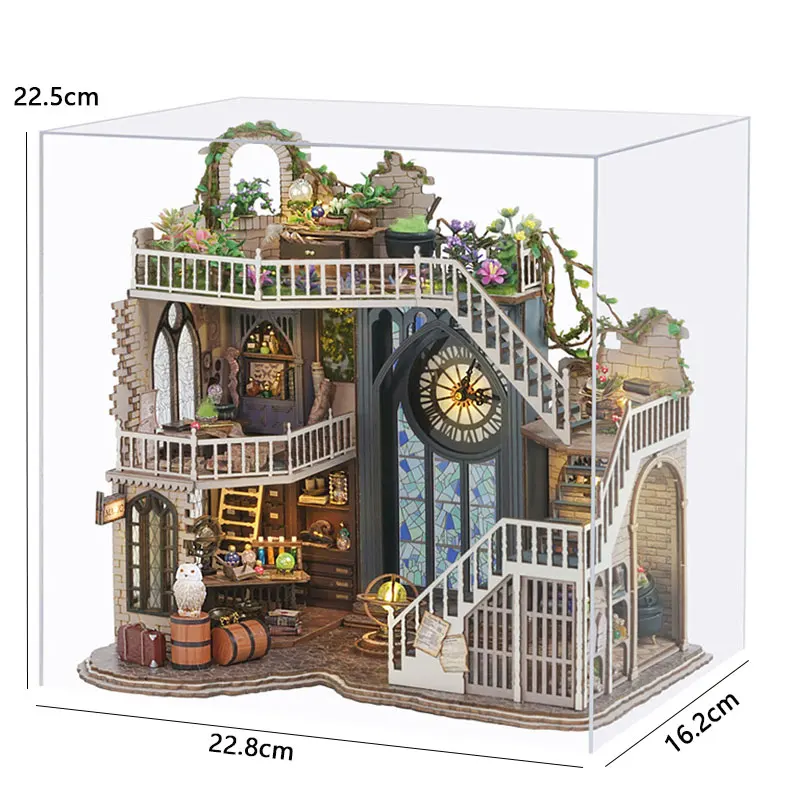 Zuuton DIY Miniature Magic Doll House Kit Wooden Gothic Clock Tower Building Model with LED Light Creative Gift for Home Decor