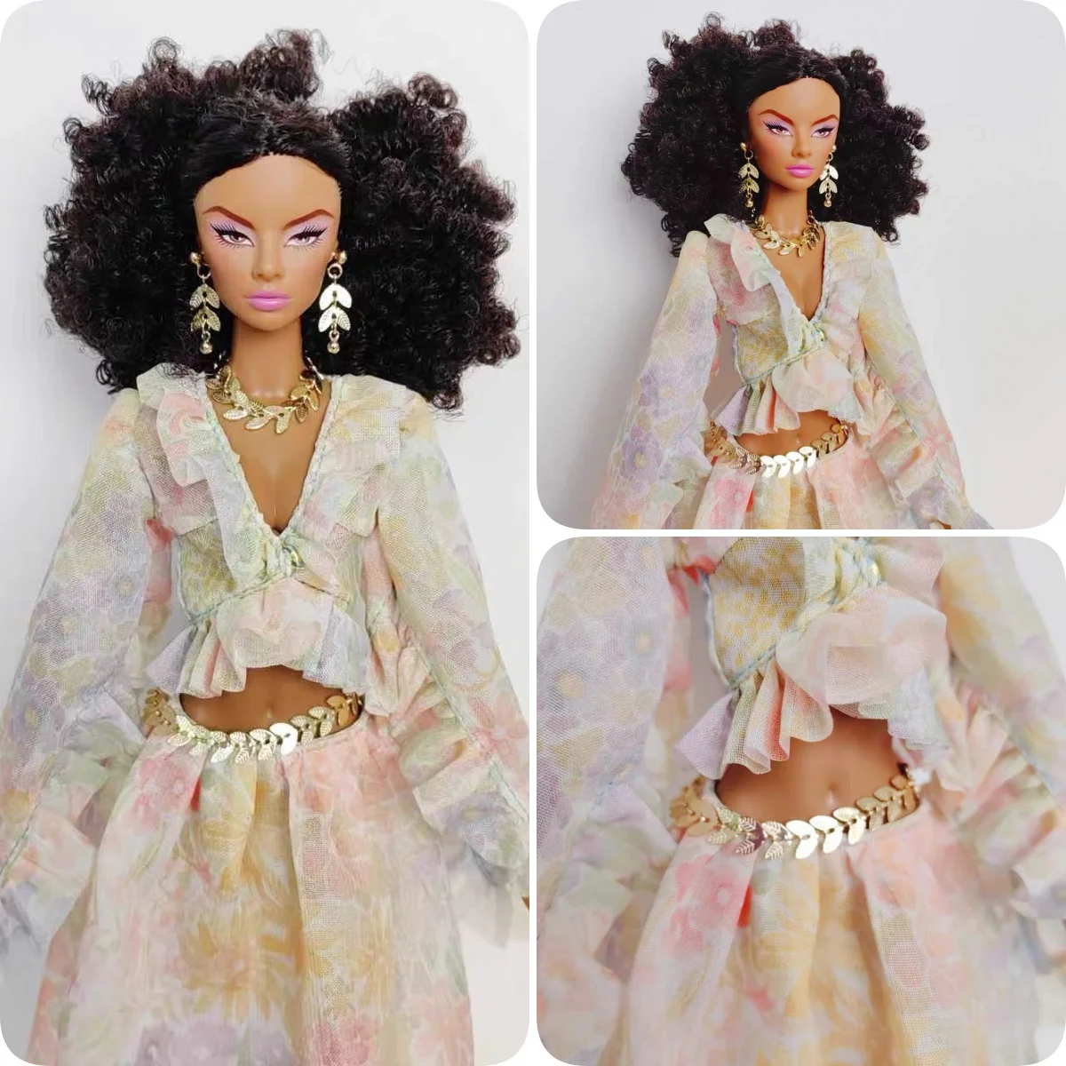 1/6 Doll Jewellery Parts Metal Magnetic Leaf-shaped Earrings+ Necklace + Waist Chain Set For 30cm Babi Xianxian Supermodel Doll