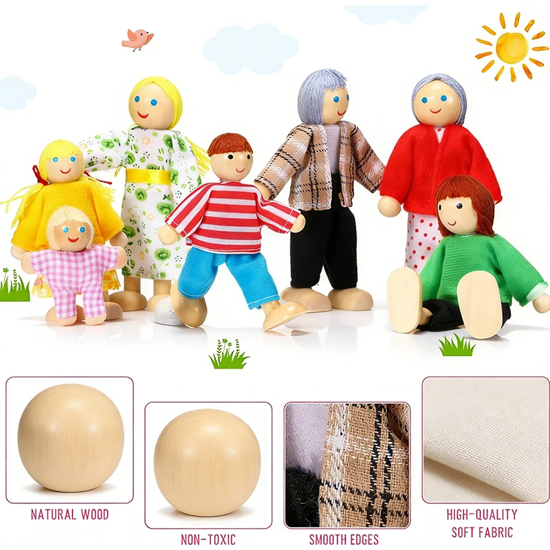 7pcs Wooden Family Dolls Mini People Figures Dollhouse Role Playing Imagination Toys Fun with Dollhouse Family Set Birthday Gift