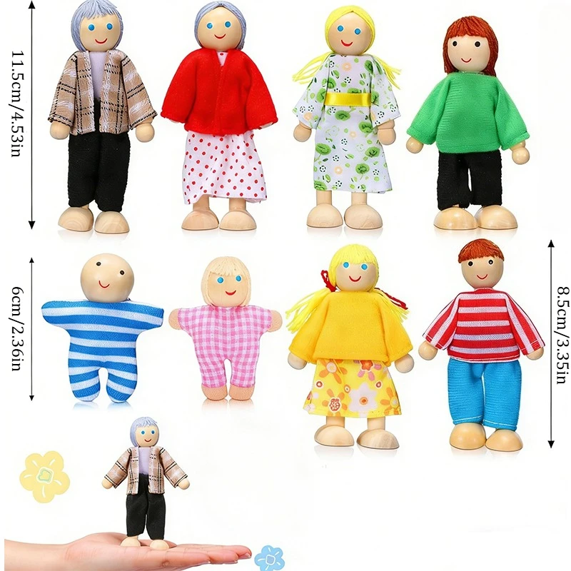 7pcs Wooden Family Dolls Mini People Figures Dollhouse Role Playing Imagination Toys Fun with Dollhouse Family Set Birthday Gift