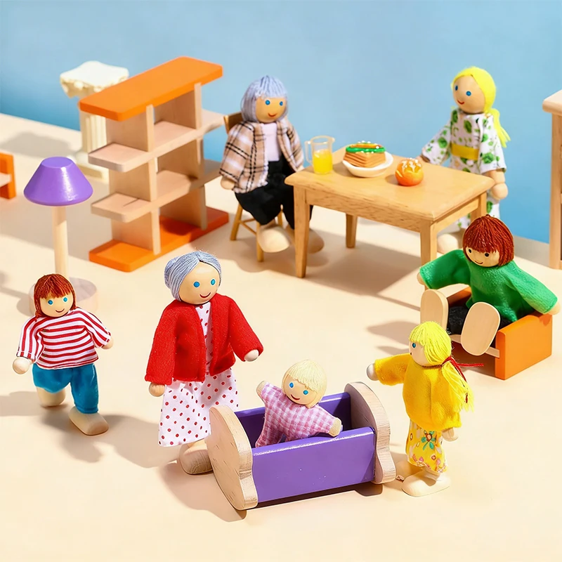 7pcs Wooden Family Dolls Mini People Figures Dollhouse Role Playing Imagination Toys Fun with Dollhouse Family Set Birthday Gift