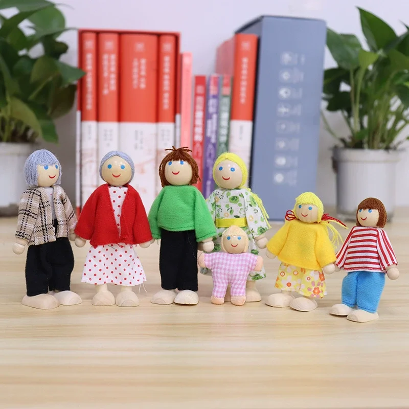 7pcs Wooden Family Dolls Mini People Figures Dollhouse Role Playing Imagination Toys Fun with Dollhouse Family Set Birthday Gift