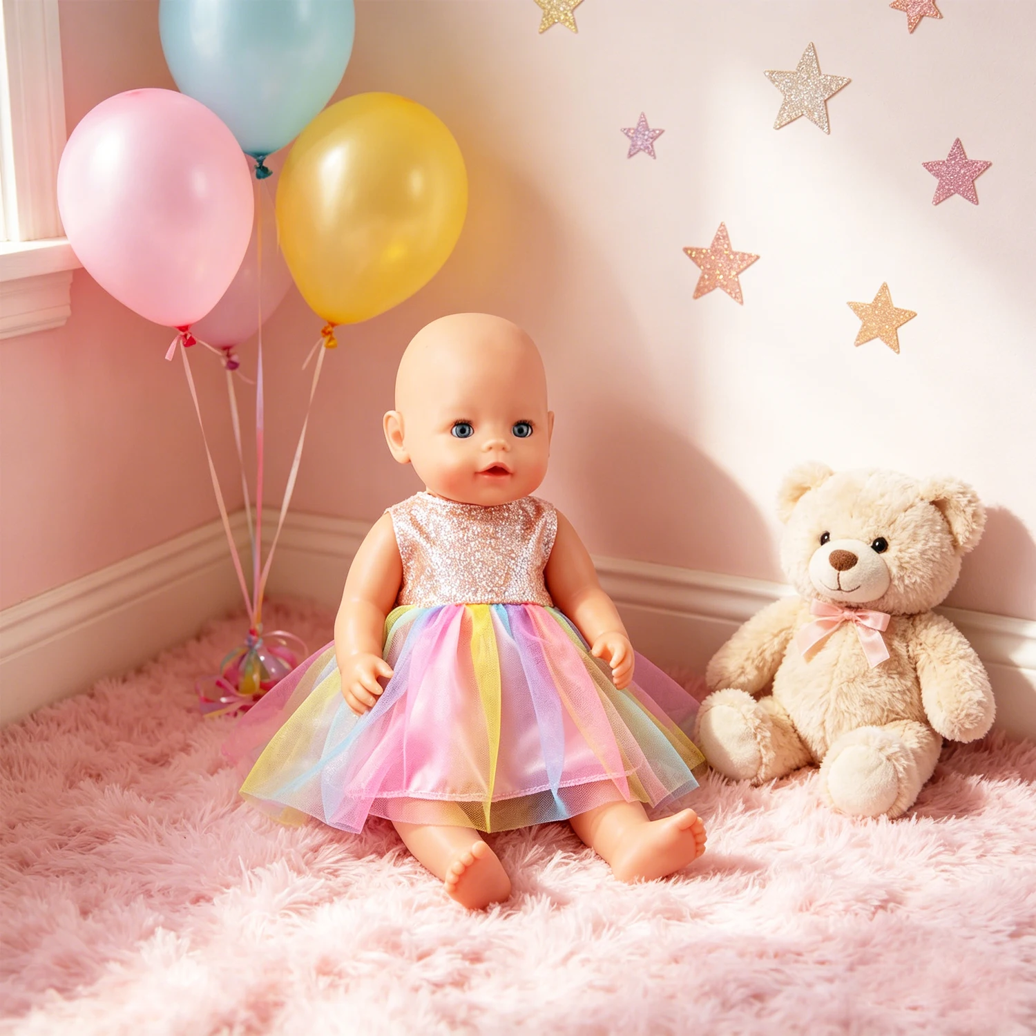 Cute Doll Clothes Set Denim Jacket Outfit,Bear Jumpsuit,Striped Dress& Party Gown for 18"American & 43cm Baby Newborn Girl Dolls