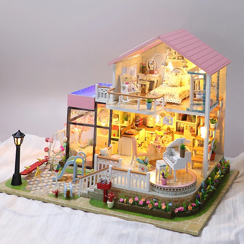 Zuuton DIY Doll House Kit Villa with Pool Piano LED Light Wooden 3D Puzzle Miniature Dollhouse with Furniture HandmadeCraft Gift