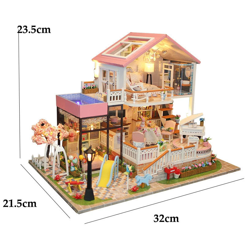 Zuuton DIY Doll House Kit Villa with Pool Piano LED Light Wooden 3D Puzzle Miniature Dollhouse with Furniture HandmadeCraft Gift