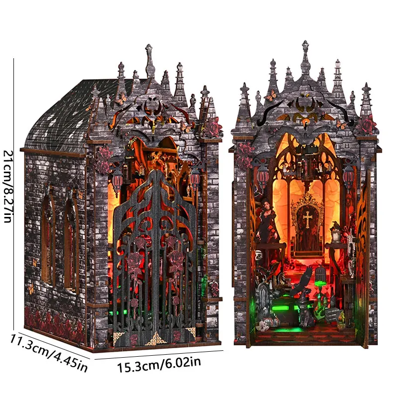 DIY Gothic Book Nook Kit 3D Wooden Miniature Dollhouse with Furniture Handmade Craft Bookshelf Insert Creative Home Decor Gifts