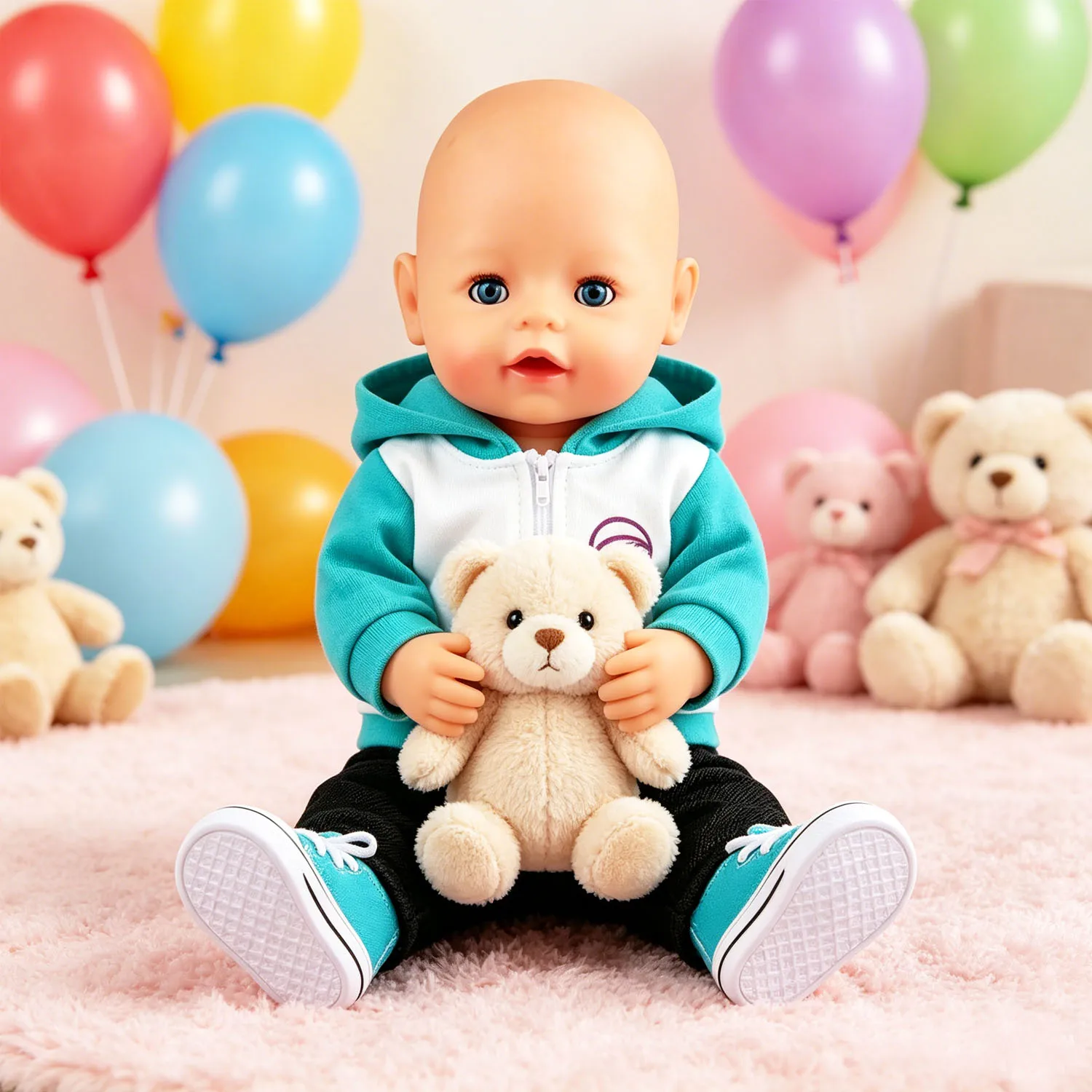 Color Block Hoodie Doll Outfit Set Black Jogger Pants & Teal Canvas Sneakers for 18 Inch American & 43cm Baby Newborn Girl Dolls