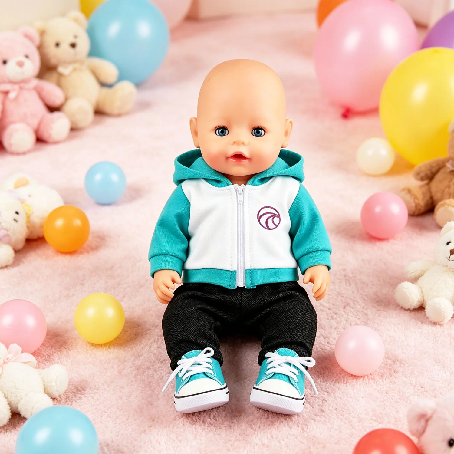 Color Block Hoodie Doll Outfit Set Black Jogger Pants & Teal Canvas Sneakers for 18 Inch American & 43cm Baby Newborn Girl Dolls