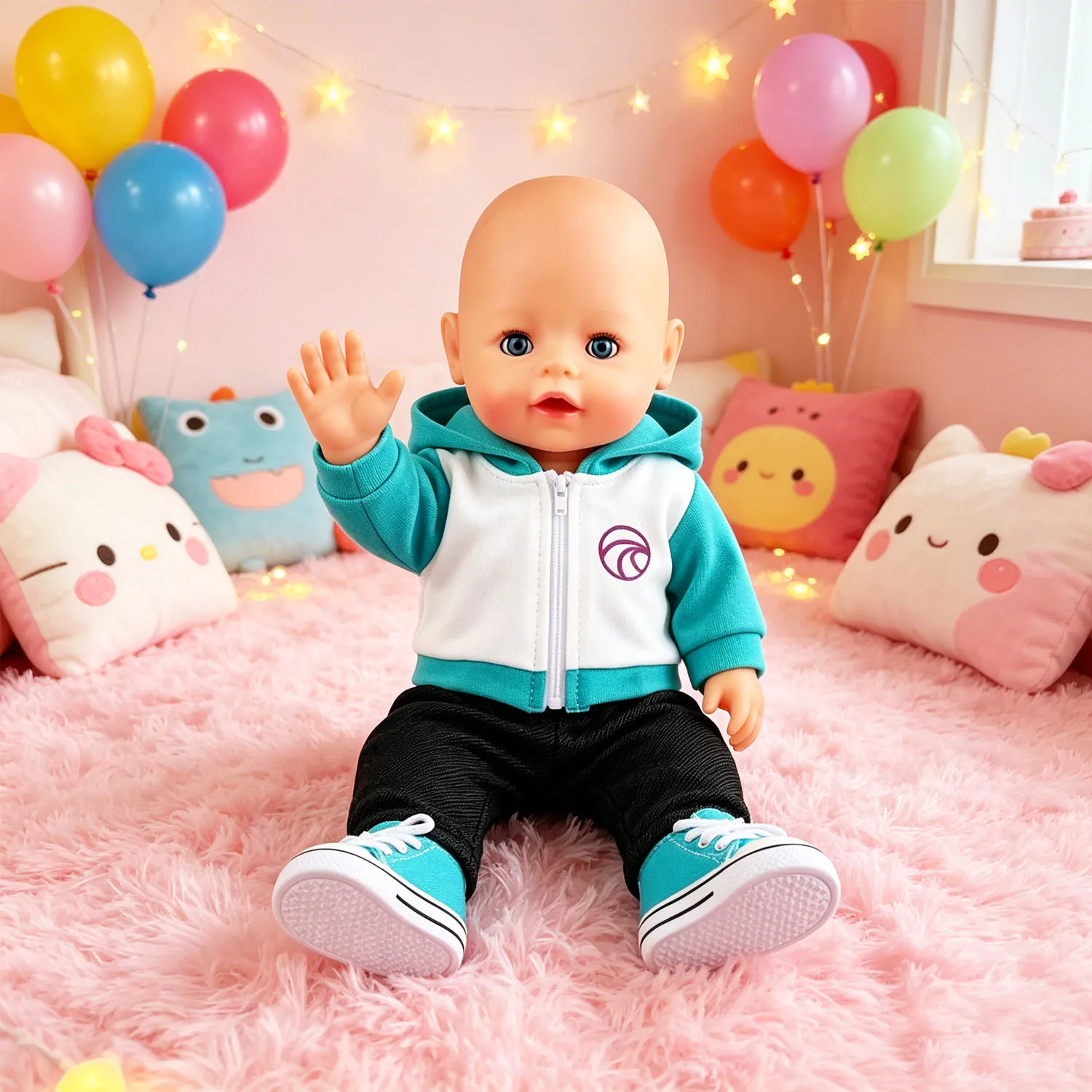 Color Block Hoodie Doll Outfit Set Black Jogger Pants & Teal Canvas Sneakers for 18 Inch American & 43cm Baby Newborn Girl Dolls