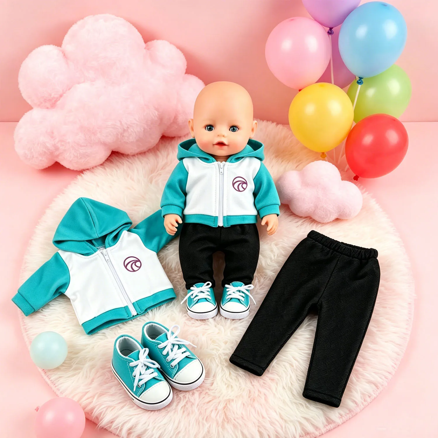 Color Block Hoodie Doll Outfit Set Black Jogger Pants & Teal Canvas Sneakers for 18 Inch American & 43cm Baby Newborn Girl Dolls