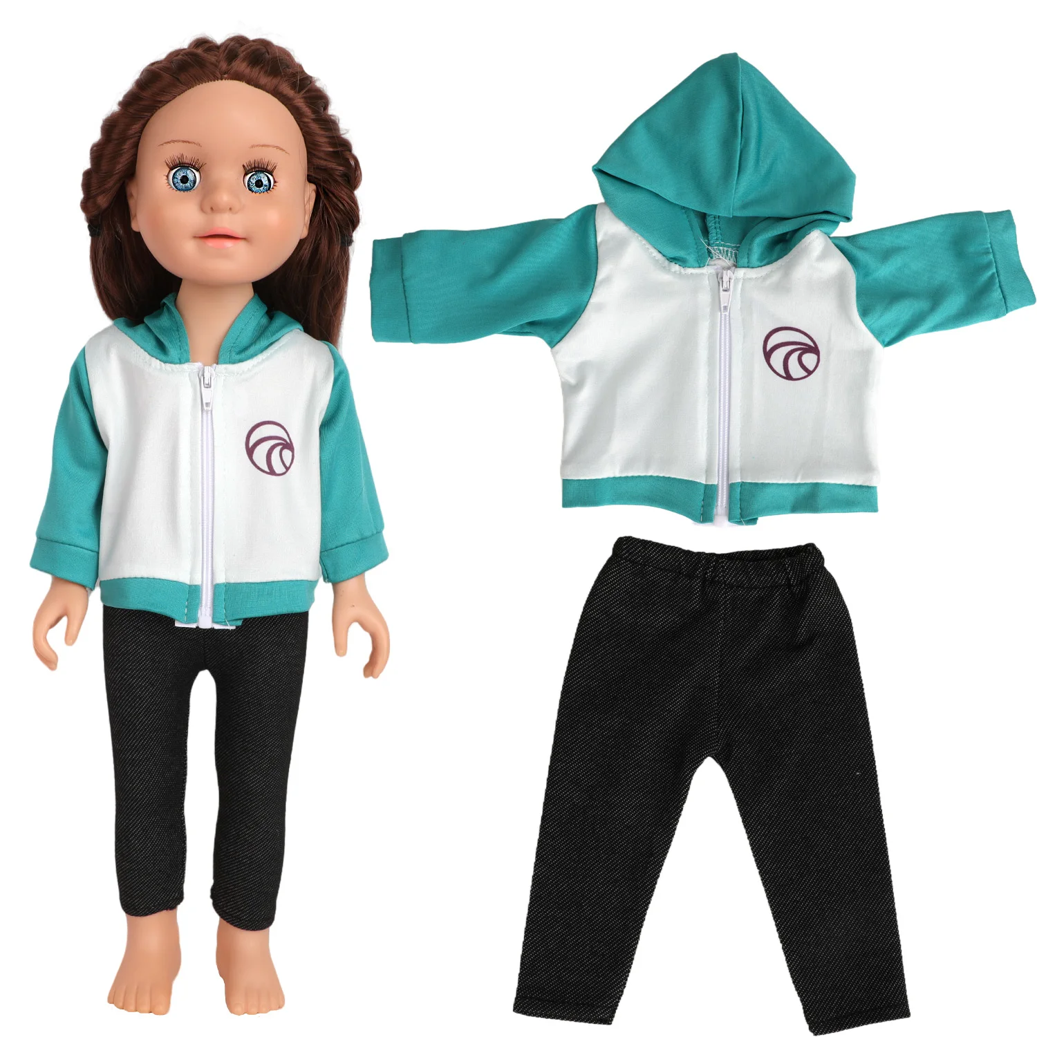 Color Block Hoodie Doll Outfit Set Black Jogger Pants & Teal Canvas Sneakers for 18 Inch American & 43cm Baby Newborn Girl Dolls
