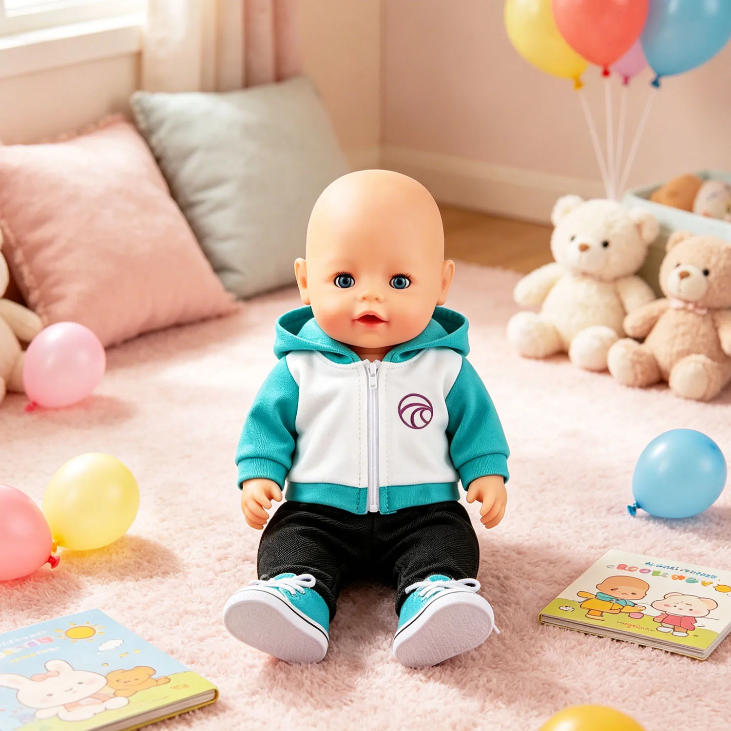 Color Block Hoodie Doll Outfit Set Black Jogger Pants & Teal Canvas Sneakers for 18 Inch American & 43cm Baby Newborn Girl Dolls