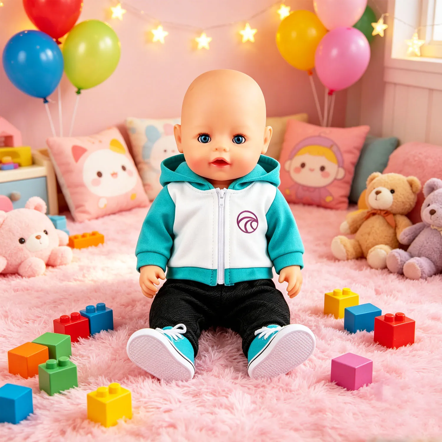 Color Block Hoodie Doll Outfit Set Black Jogger Pants & Teal Canvas Sneakers for 18 Inch American & 43cm Baby Newborn Girl Dolls
