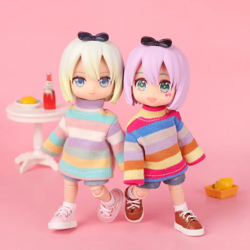 OB11 1/12 BJD GSC Rainbow Striped Doll Sweater With 3D Bear Rabbit Doll Pendant Doll Knit Top Doll Clothes Accessories Gift