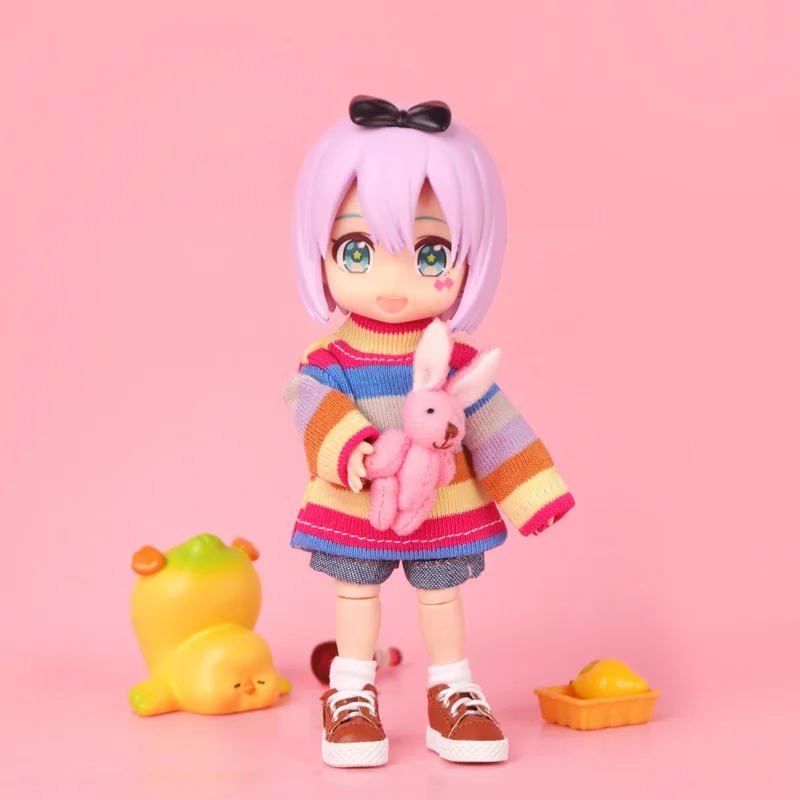 OB11 1/12 BJD GSC Rainbow Striped Doll Sweater With 3D Bear Rabbit Doll Pendant Doll Knit Top Doll Clothes Accessories Gift
