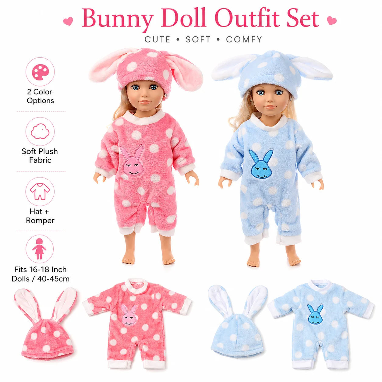 Bunny Plush Romper Set for 16-18 Inch Reborn Dolls Cute Rabbit Hat Doll Clothes Outfit Soft Pajamas Costume Doll Accessories