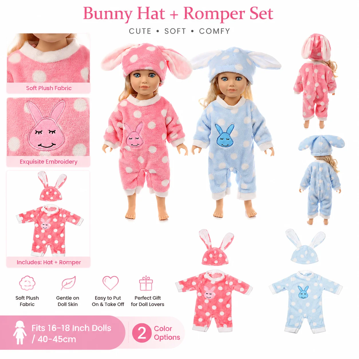 Bunny Plush Romper Set for 16-18 Inch Reborn Dolls Cute Rabbit Hat Doll Clothes Outfit Soft Pajamas Costume Doll Accessories