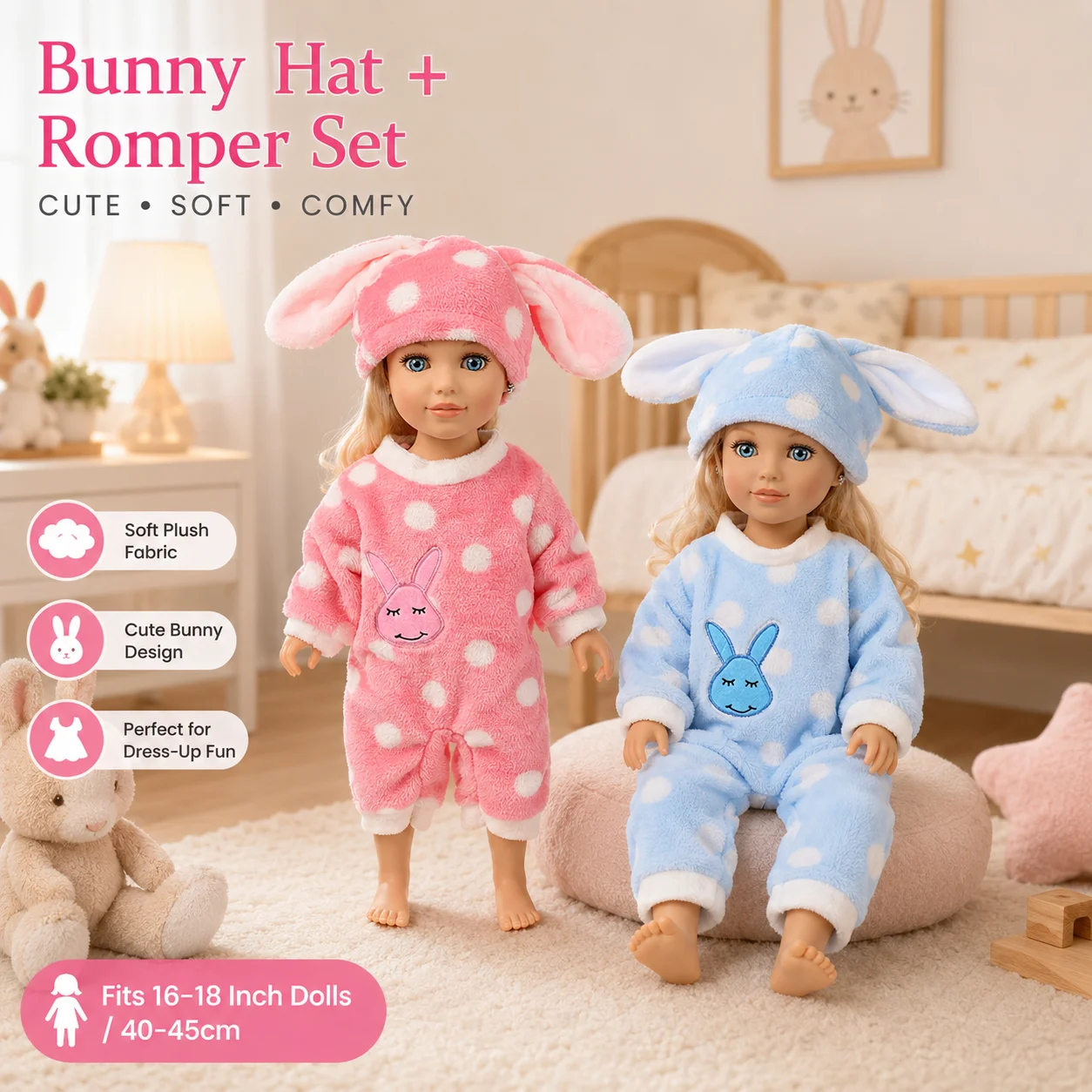 Bunny Plush Romper Set for 16-18 Inch Reborn Dolls Cute Rabbit Hat Doll Clothes Outfit Soft Pajamas Costume Doll Accessories