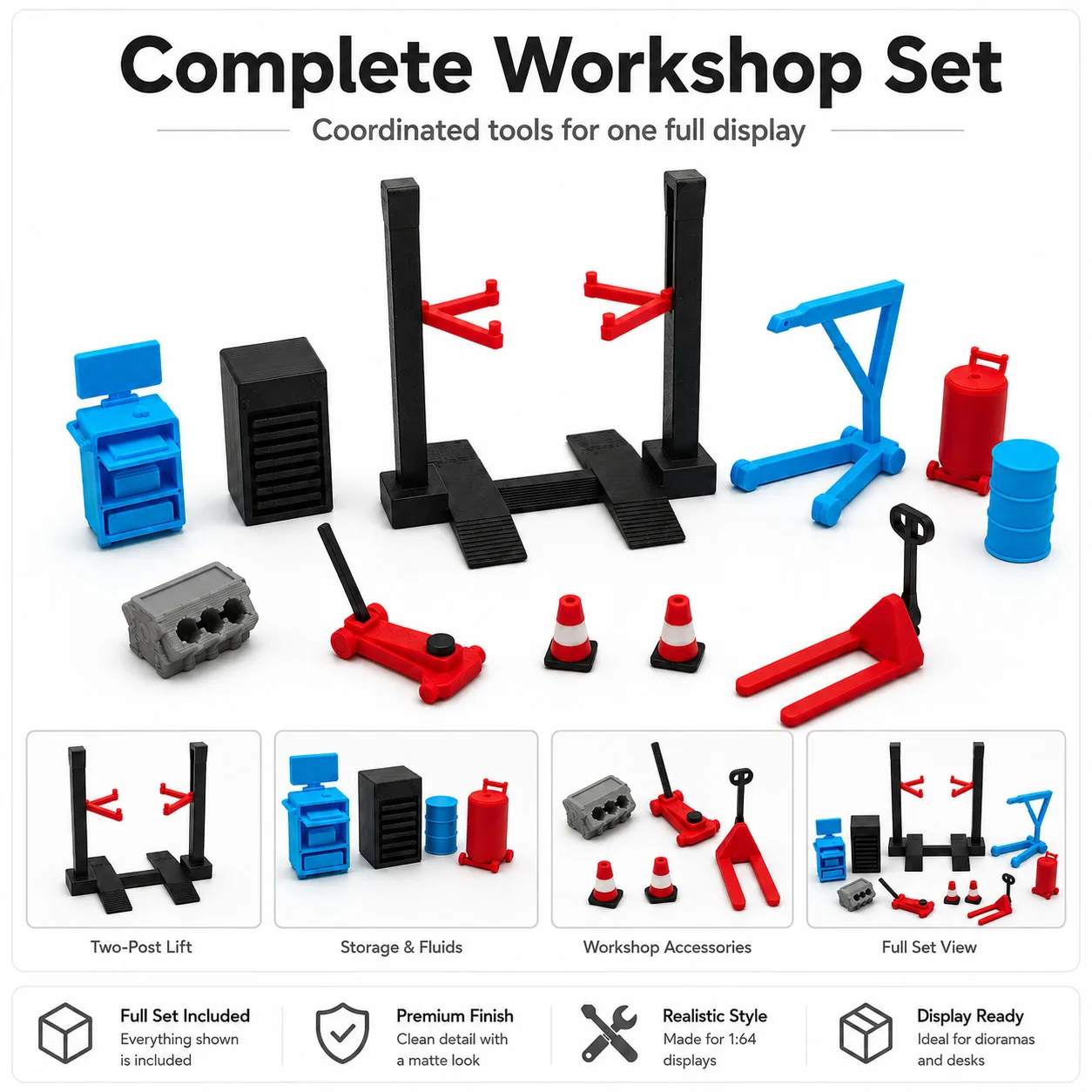 1:64 Garage Workshop Miniature Accessory Set, Car Lift Tools, Repair Shop Diorama Display Decor for Model Cars