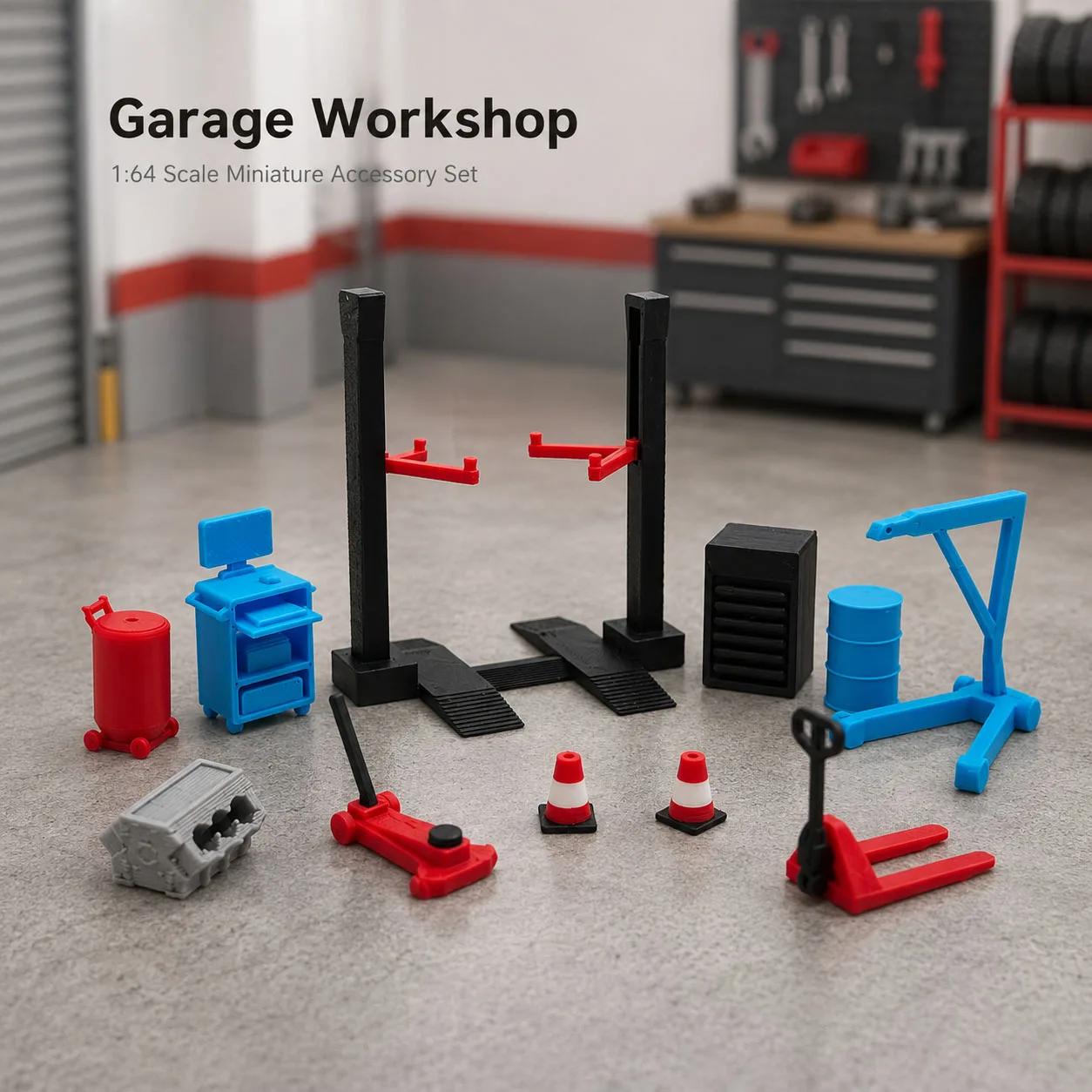 1:64 Garage Workshop Miniature Accessory Set, Car Lift Tools, Repair Shop Diorama Display Decor for Model Cars
