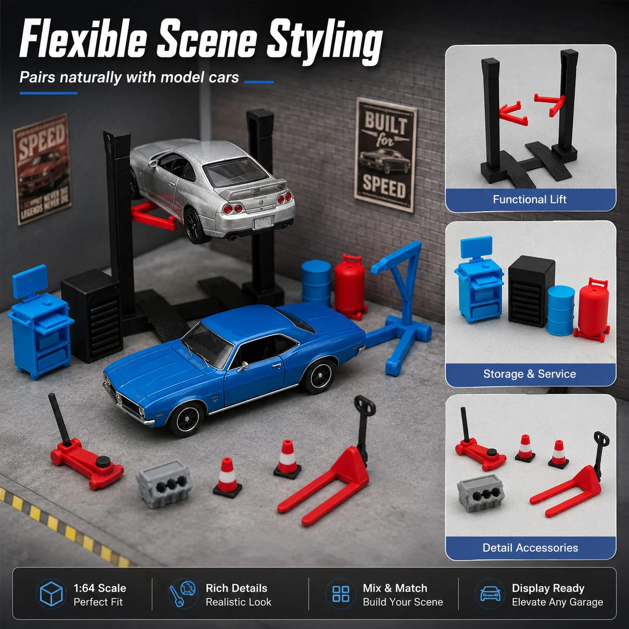 1:64 Garage Workshop Miniature Accessory Set, Car Lift Tools, Repair Shop Diorama Display Decor for Model Cars