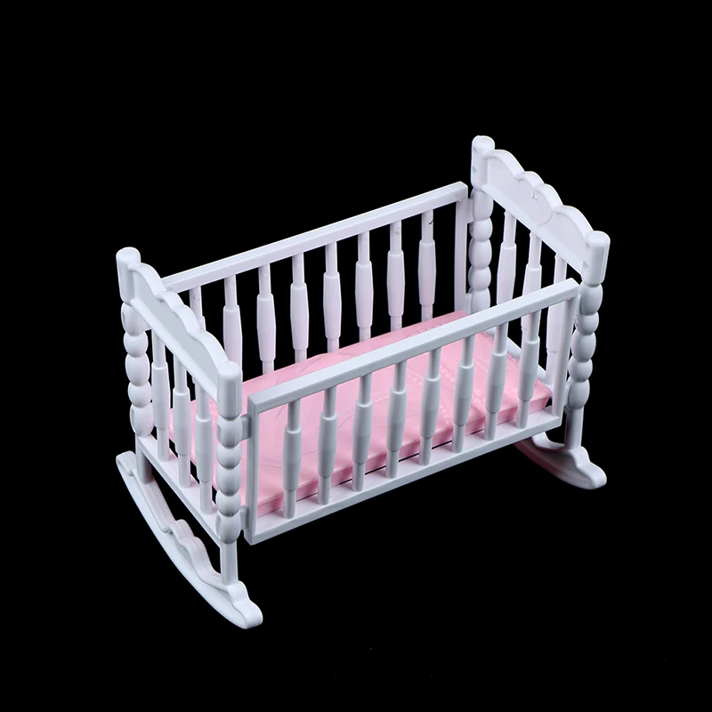 Light Pink Doll Crib Cradle, White Baby Shaker Bed, Doll House Toy Accessories