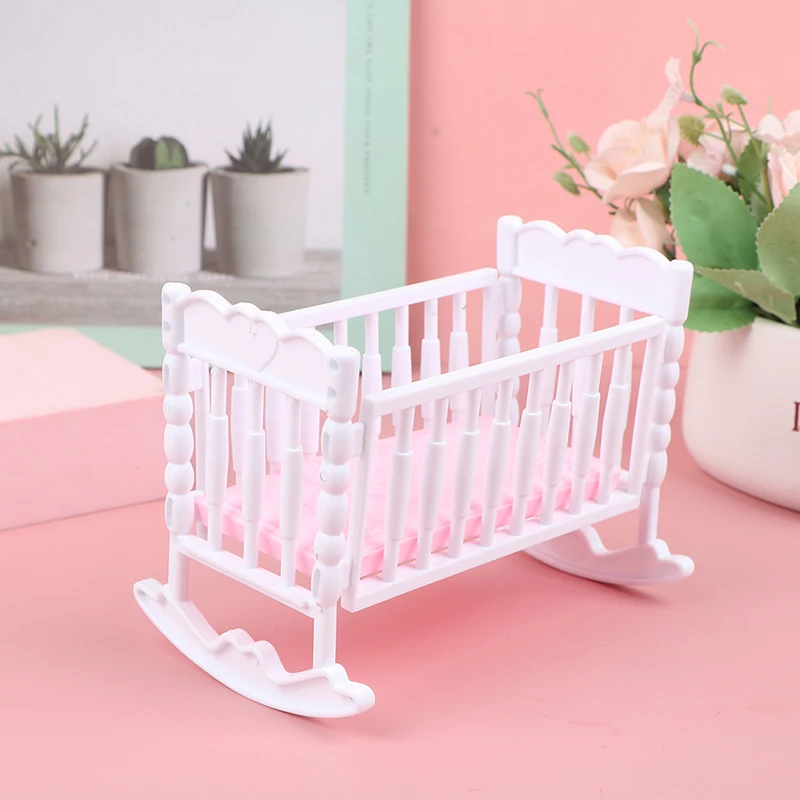 Light Pink Doll Crib Cradle, White Baby Shaker Bed, Doll House Toy Accessories