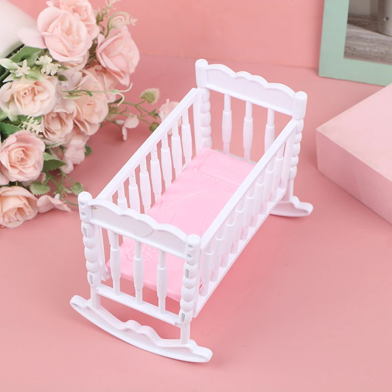 Light Pink Doll Crib Cradle, White Baby Shaker Bed, Doll House Toy Accessories