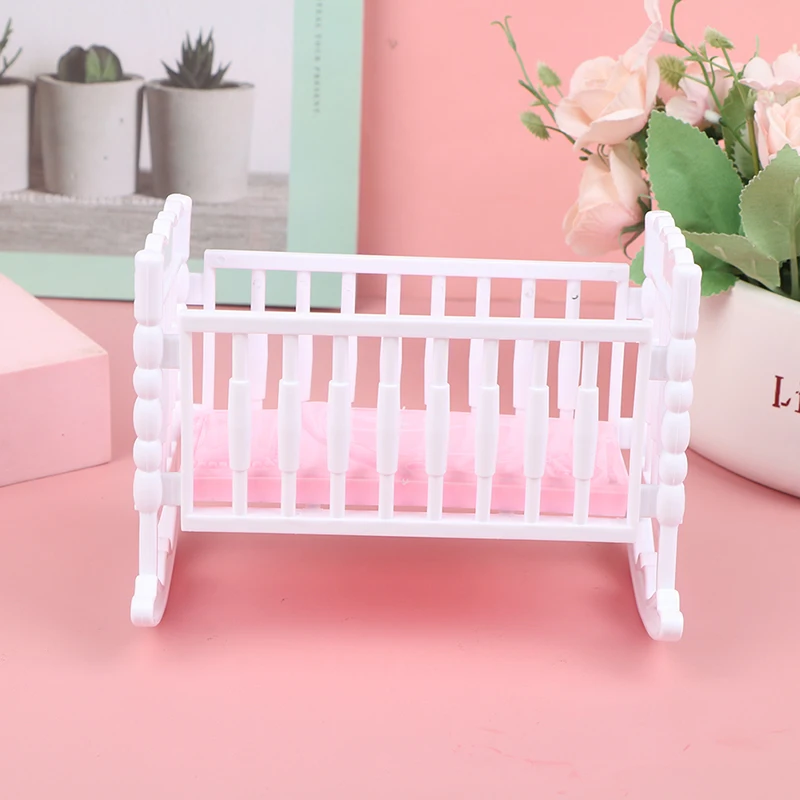 Light Pink Doll Crib Cradle, White Baby Shaker Bed, Doll House Toy Accessories